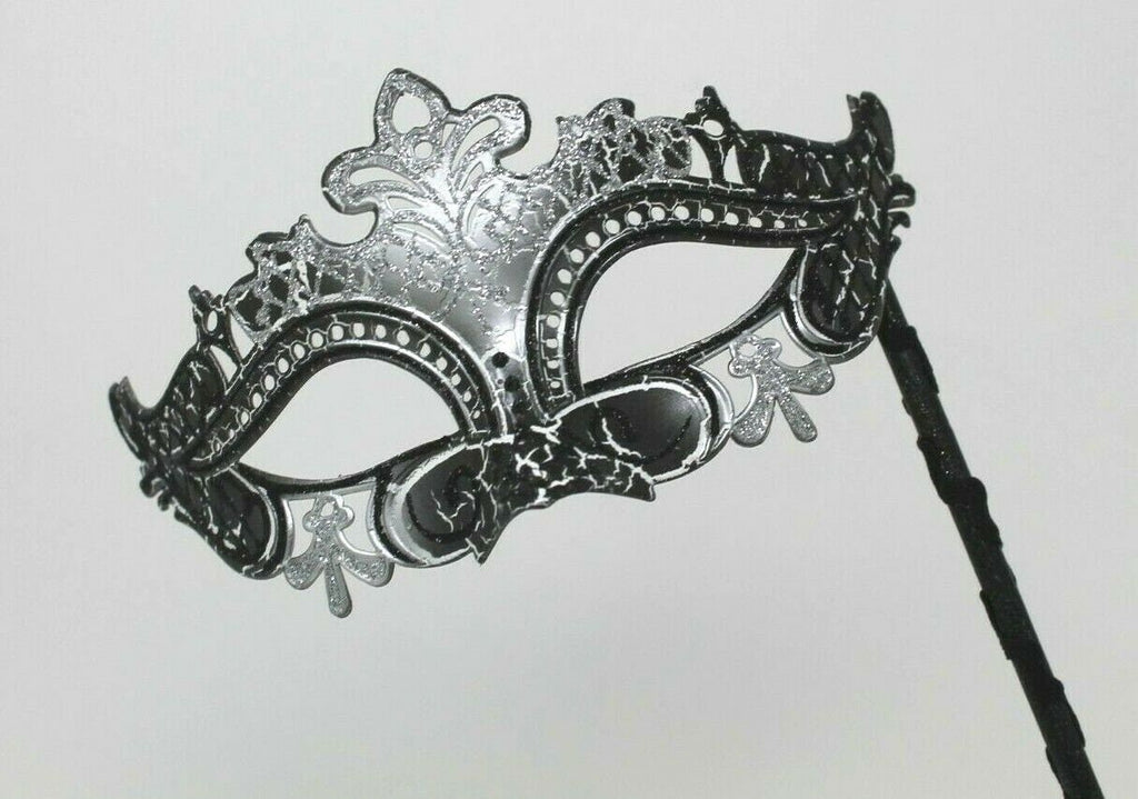 Black and Silver Rialto Masquerade Mask on a Black Stick