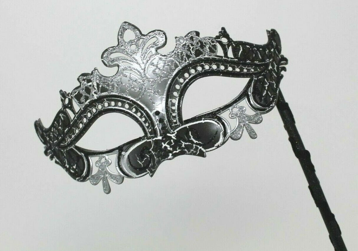 Black and Silver Rialto Masquerade Mask on a Black Stick