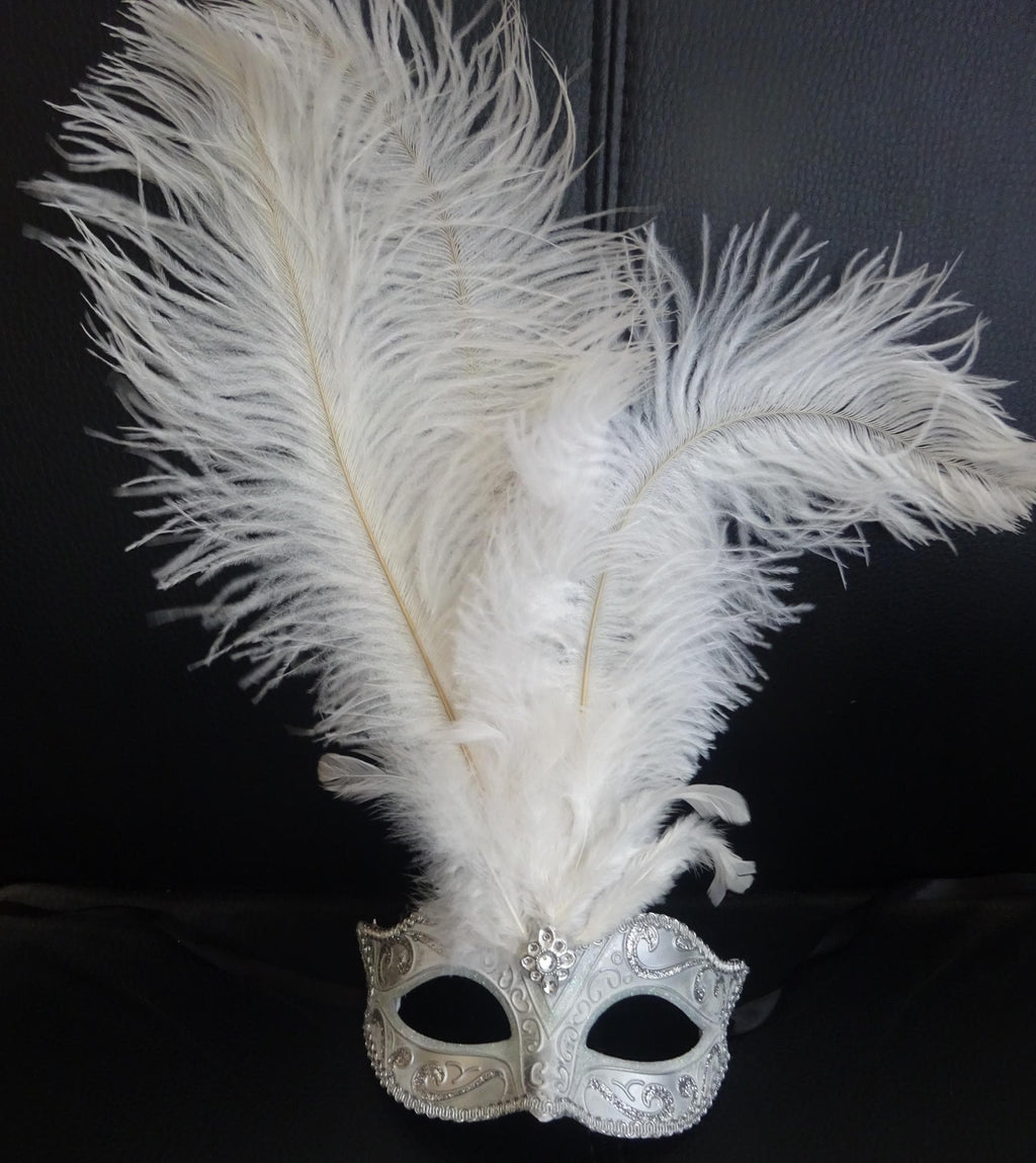 Ladies Stunning White and Silver Long Feather Masquerade Mask with Centre Jewel