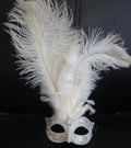 Ladies Stunning White and Silver Long Feather Masquerade Mask with Centre Jewel