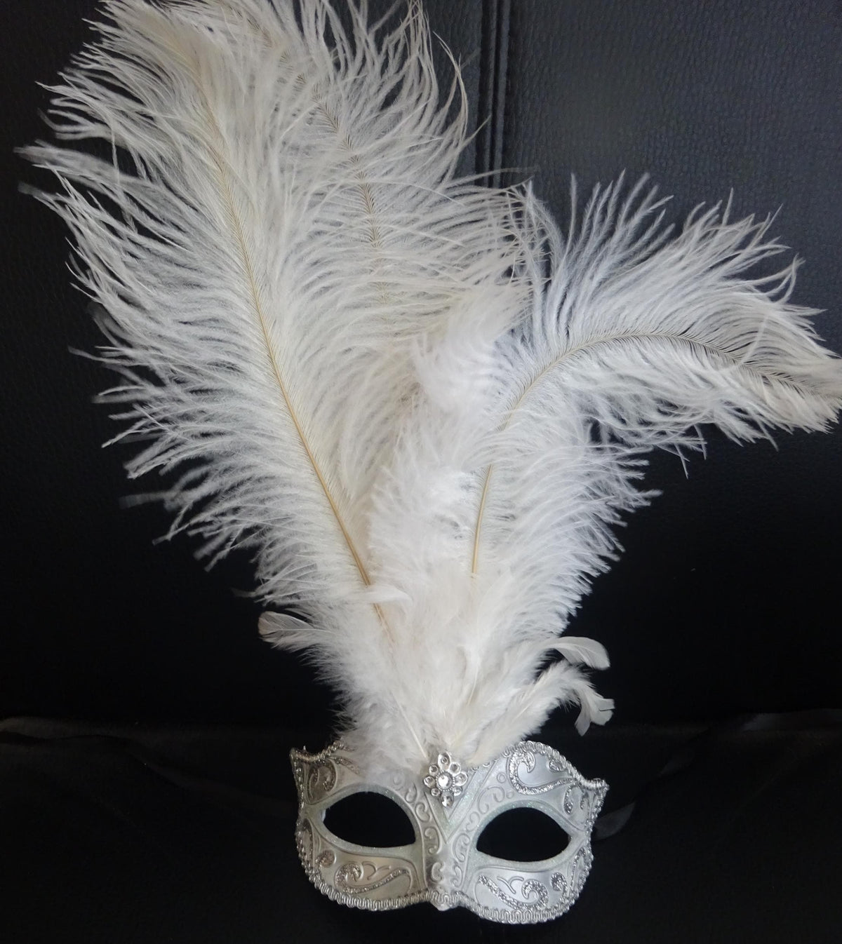 Ladies Stunning White and Silver Long Feather Masquerade Mask with Centre Jewel