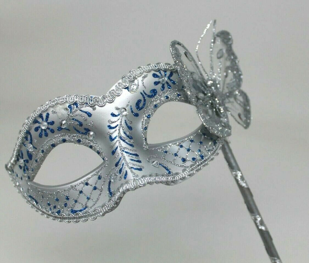 Blue and Silver Jewelled Party Masquerade Wedding Bridal ball Eye Mask on Stick with a Butterfly