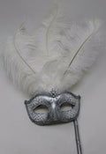 Stunning White and Silver Feather Masquerade Mask on a Silver Stick