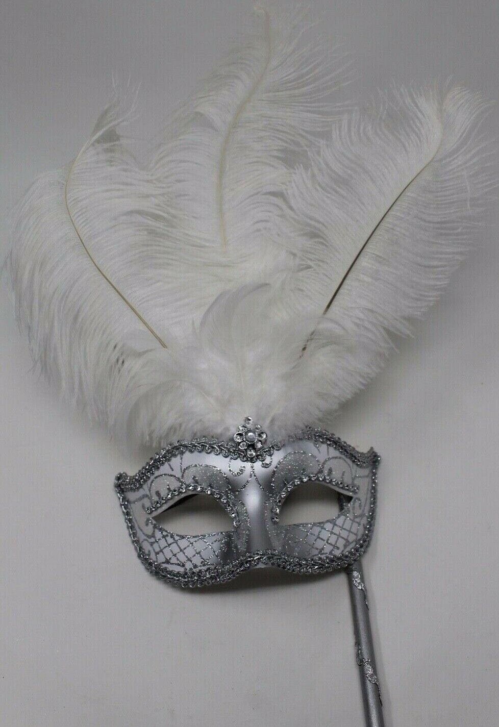 Stunning White and Silver Feather Masquerade Mask on a Silver Stick