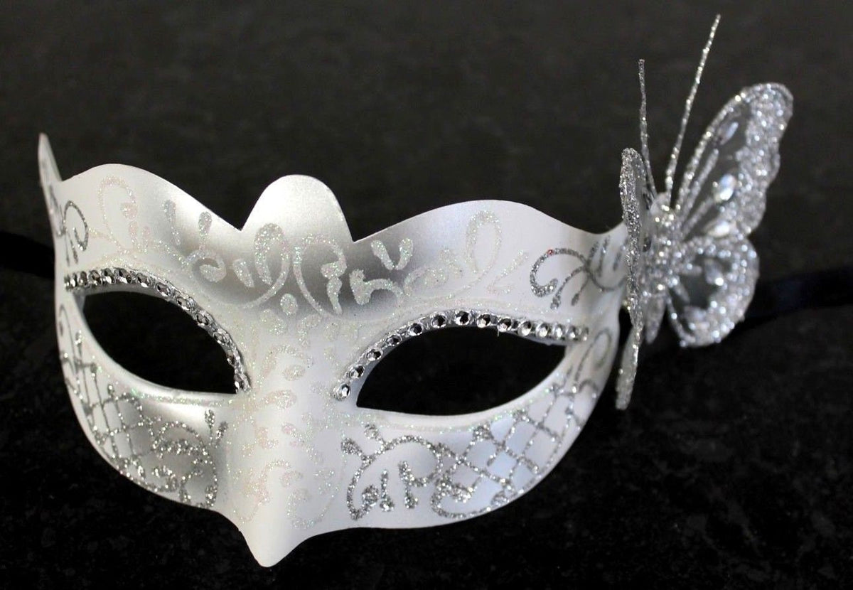 Winter Frosty White & Silver Venetian Masquerade Mask with Silver Butterfly