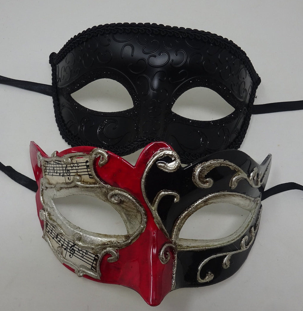 Musical Script Red Silver and Black His and Hers Couples Pair of Masquerade Masks
