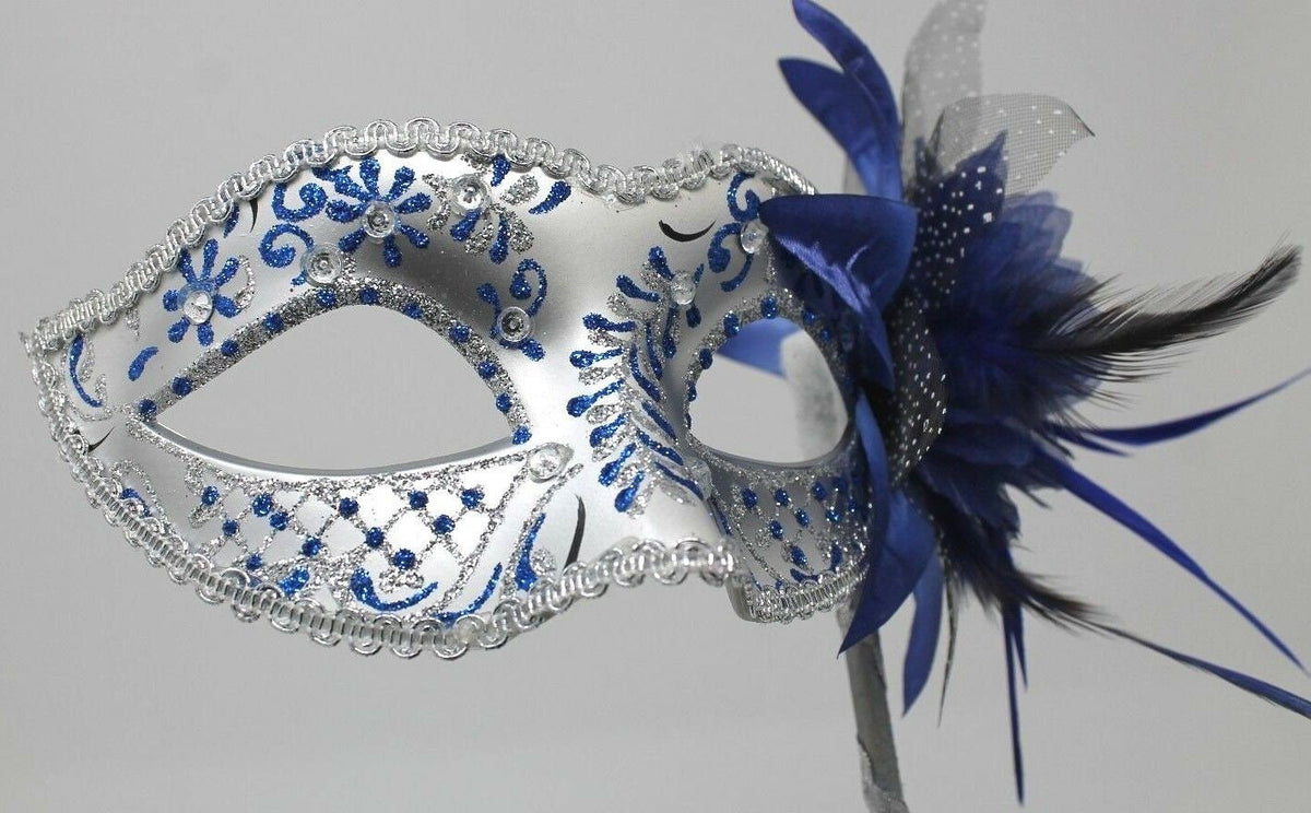 Blue and Silver Jewelled Party Masquerade Wedding Bridal ball Eye Mask on Stick with Flower