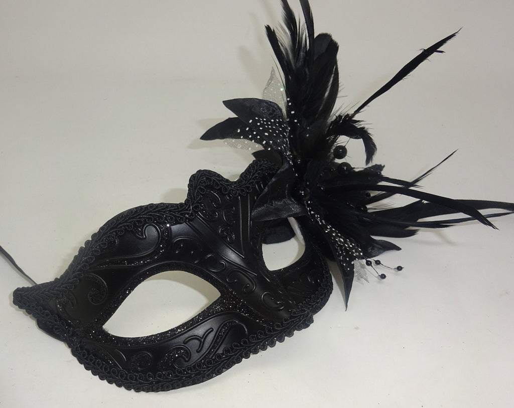 Ladies Black Masquerade Mask with Flower Pearls and Feather Detail