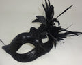 Ladies Black Masquerade Mask with Flower Pearls and Feather Detail