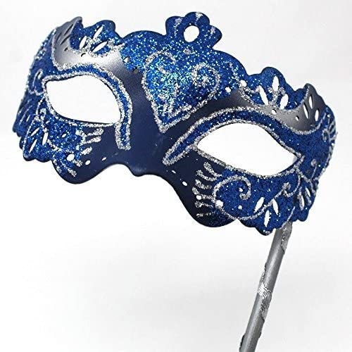 Blue and Silver Rialto Venetian Masquerade Ball Party Mask Hand Held on a Stick