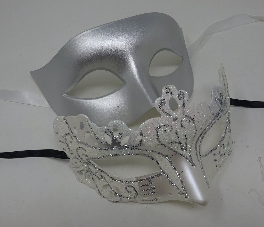 Silver and White Pair of Venetian Masquerade Party Ball Masks for Couples