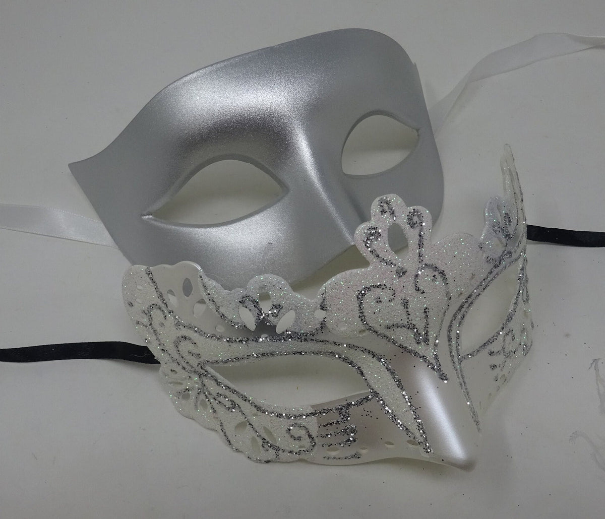 Silver and White Pair of Venetian Masquerade Party Ball Masks for Couples
