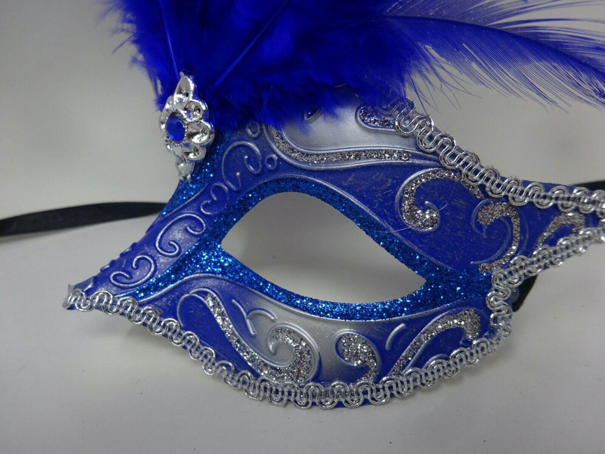 Blue and Silver Feather Masquerade Mask