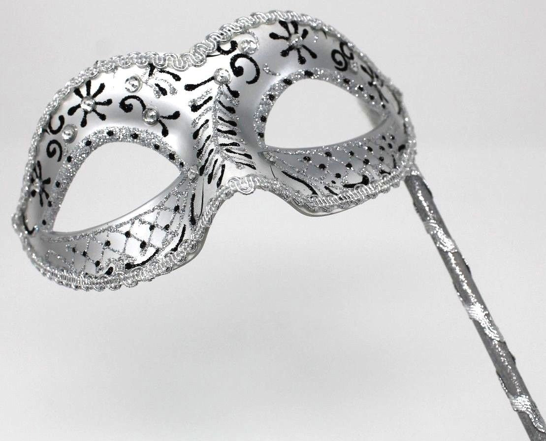Black and Silver Masquerade Mask on a Silver Stick