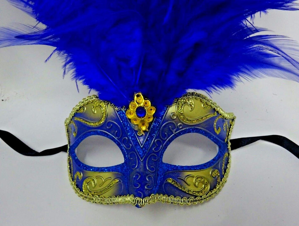 Blue and Gold Feather Masquerade Mask