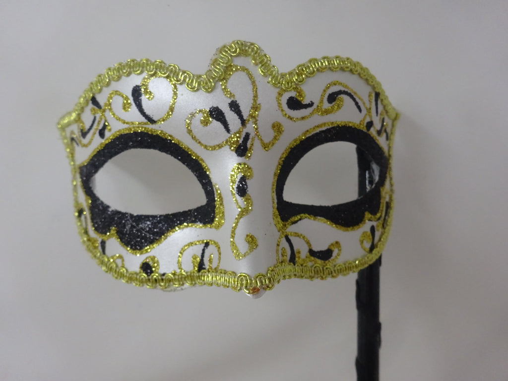 Hand Held Glittering Black White and Gold Masquerade Ball Party Prom Carnival Mask on a Black Stick