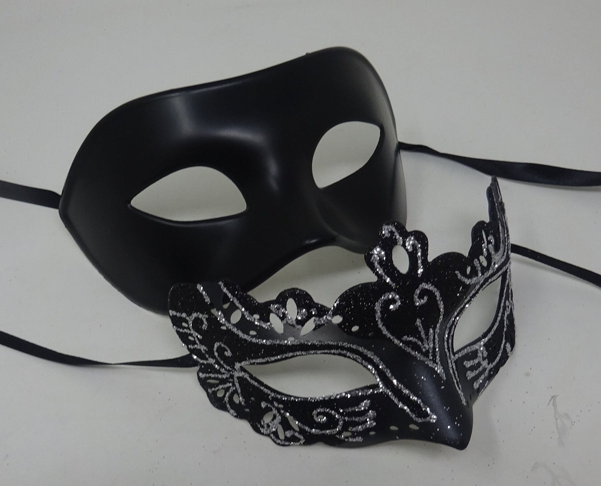Black and Silver Pair of Male and Female Couples Masquerade Party Ball Prom Masks