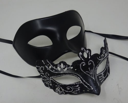 Black and Silver Pair of Male and Female Couples Masquerade Party Ball Prom Masks