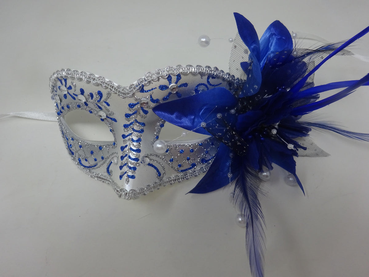 Blue and Silver Masquerade Mask with Flower Long Slim Feathers Beaded Stamens and Organza Enhanced with Clear Jewels