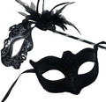 Couples Masks Black and Silver Rialto Masquerade Mask with Flower for Masked Ball Carnival Party Halloween Hand Held on a Wooden Stick