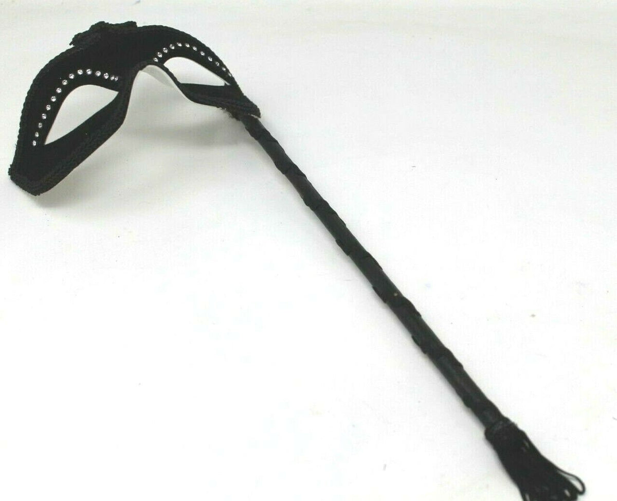 Velour Diamonte Black Masquerade Hand Held Mask on a Stick
