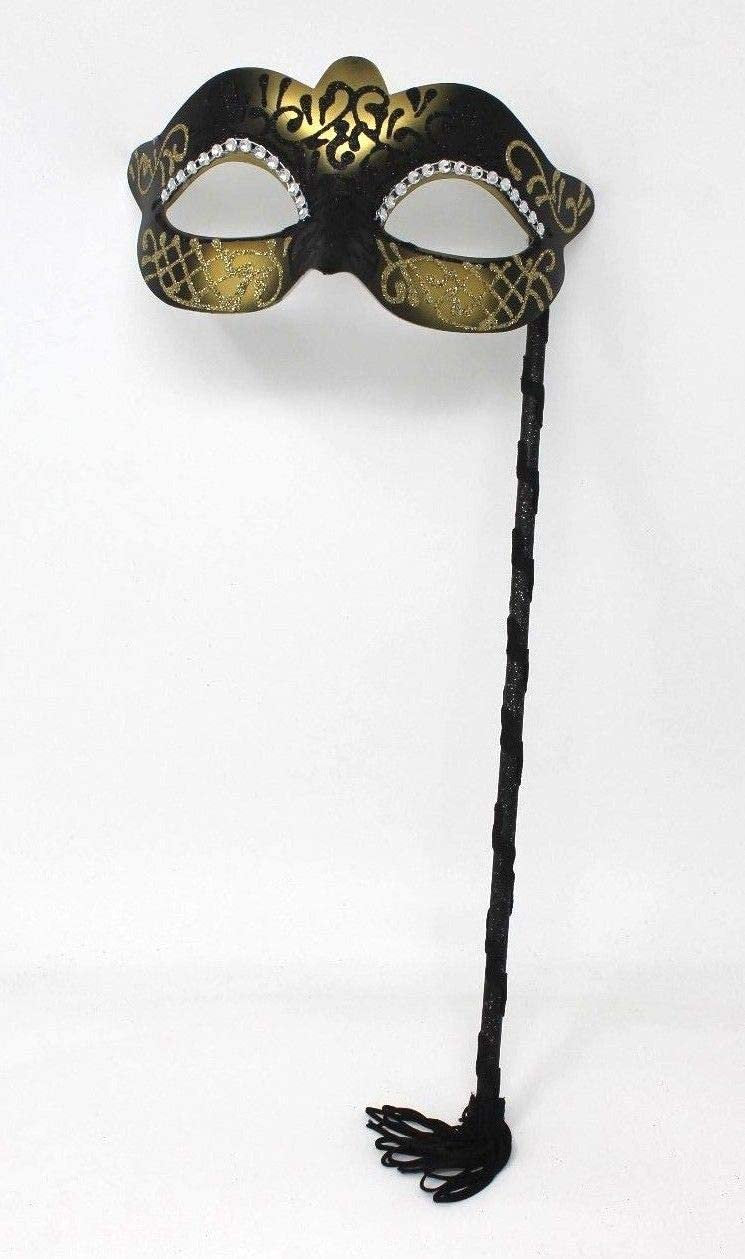 Hand Held Ladies Jewelled Glittering Black and Gold Masquerade Prom Party Ball Carnival Mask on a Stick