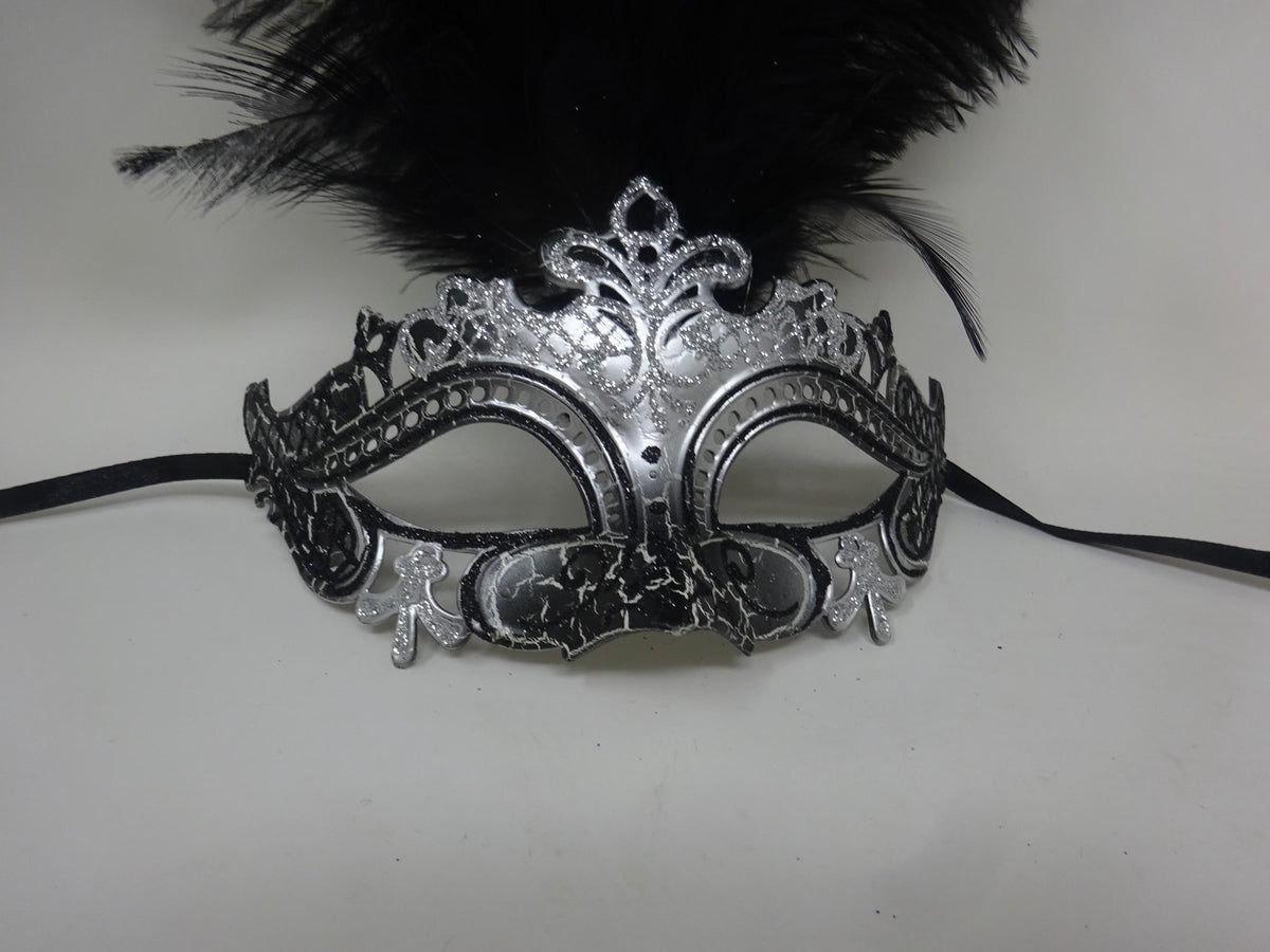 Stunning Black and Silver Rialto Long Black Feather Venetian Masquerade Prom Ball Eye Mask