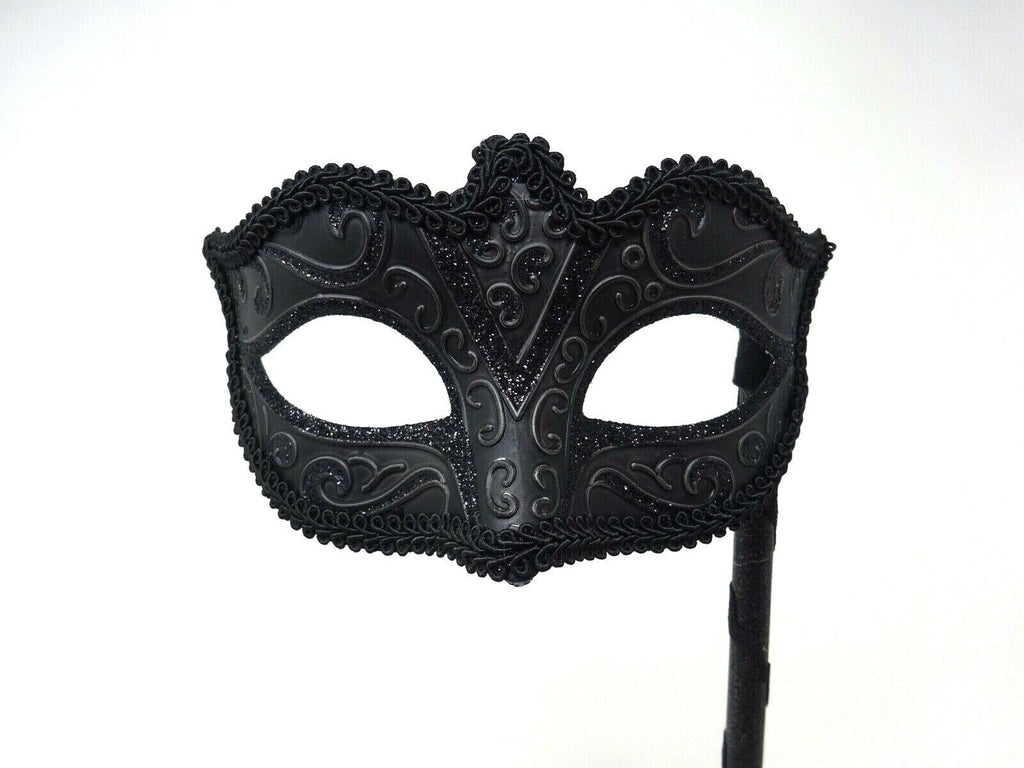 Stunning Black Masquerade Mask on a Black Stick