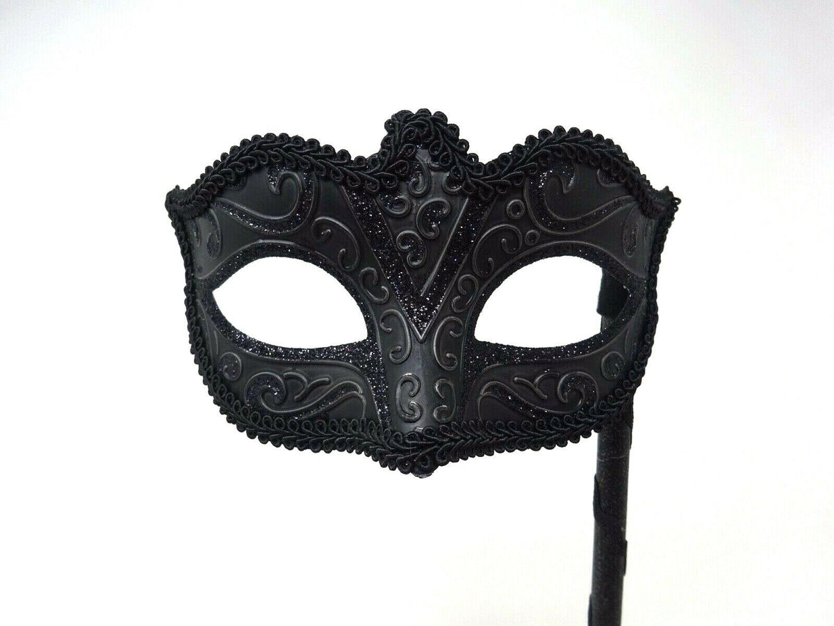Stunning Black Masquerade Mask on a Black Stick