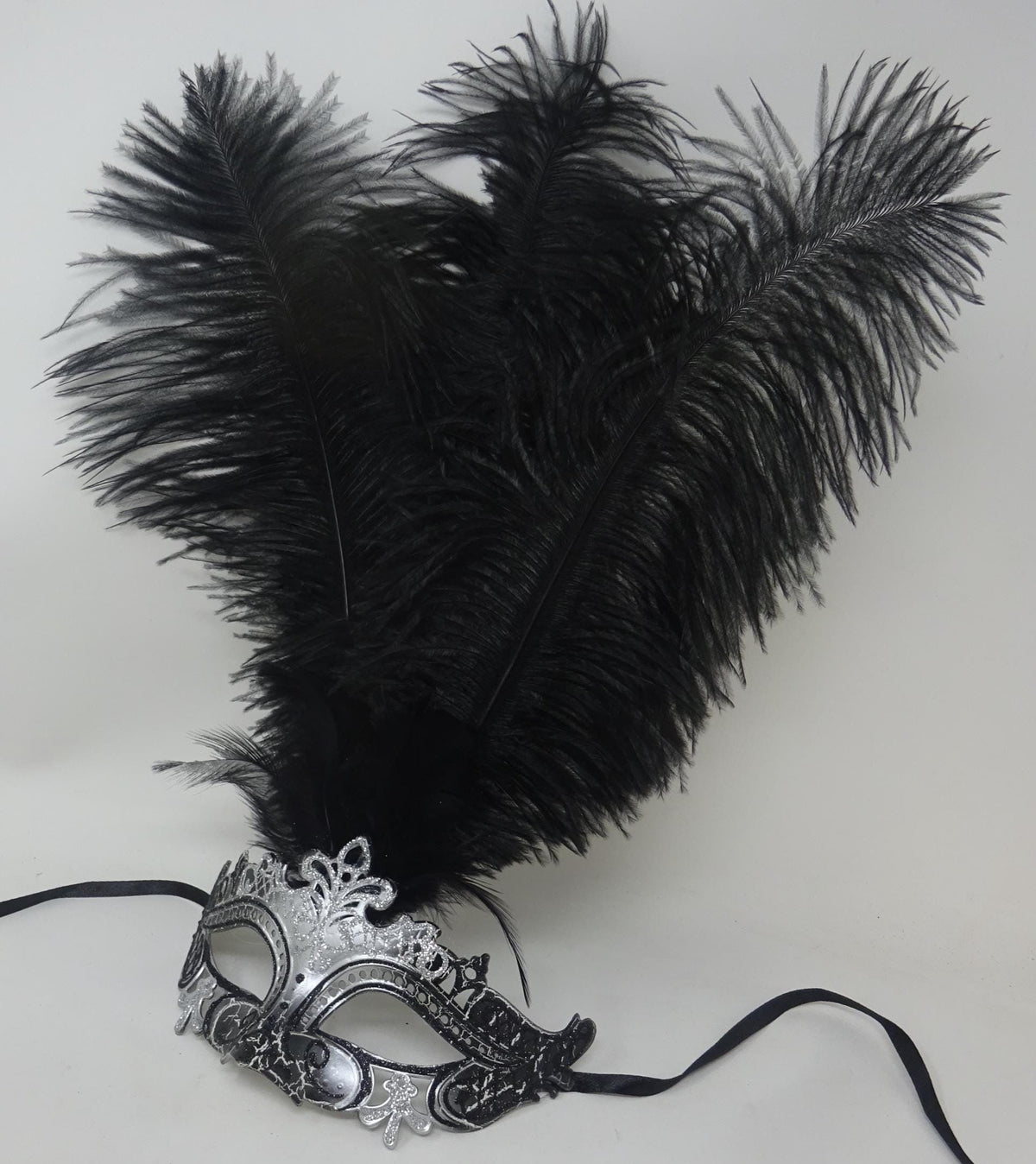 Stunning Black and Silver Rialto Long Black Feather Venetian Masquerade Prom Ball Eye Mask