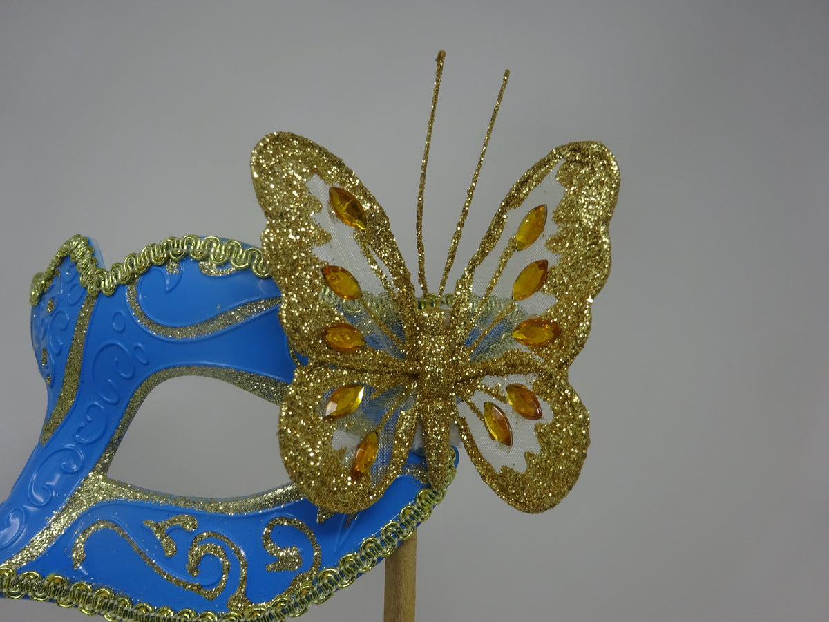 Turquoise and Gold Masquerade Party Carnival Ball Mask on a Gold Stick with Butterfly