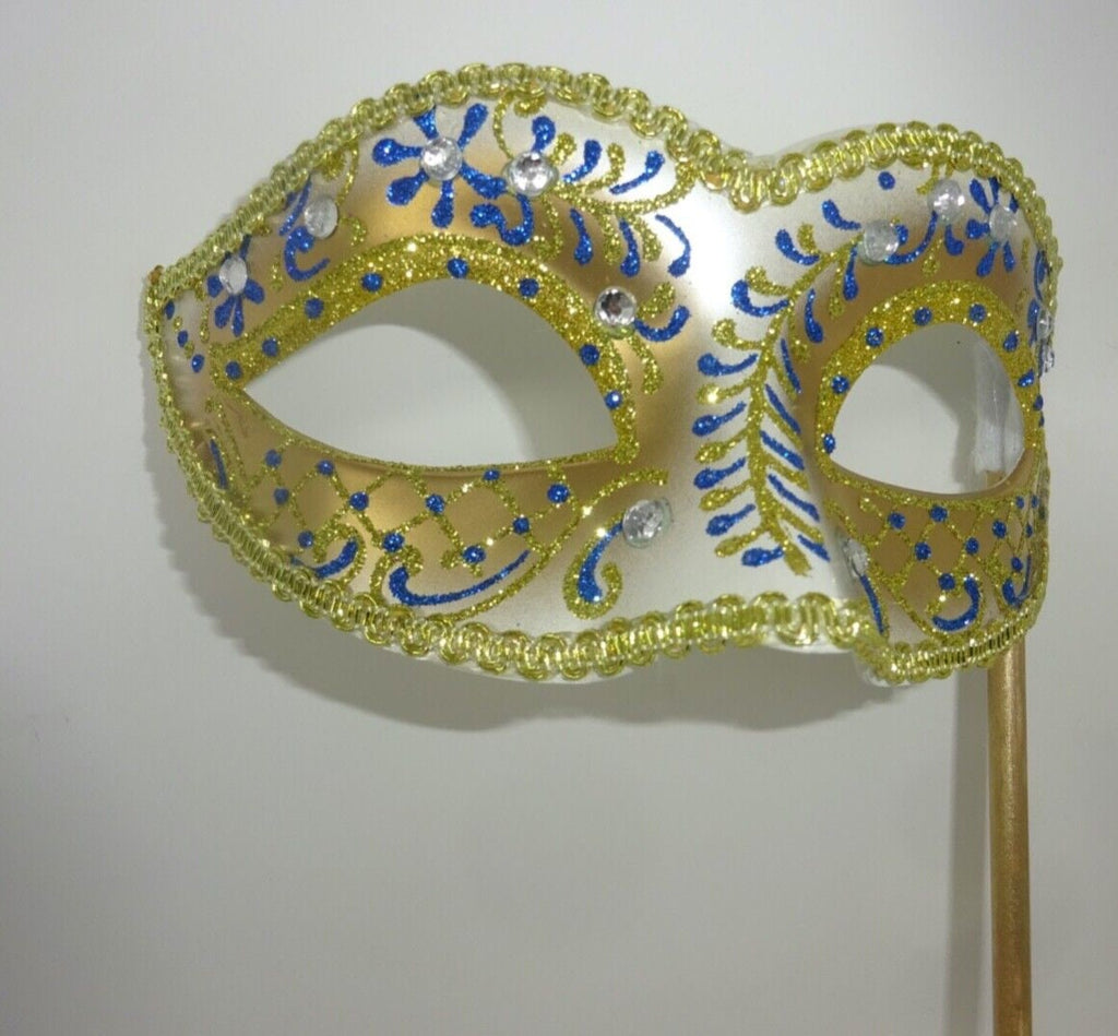 Stunning Blue Ivory and Gold Jewelled Venetian Masquerade Ball Prom Party Eye Mask Hand Held on a Gold Stick