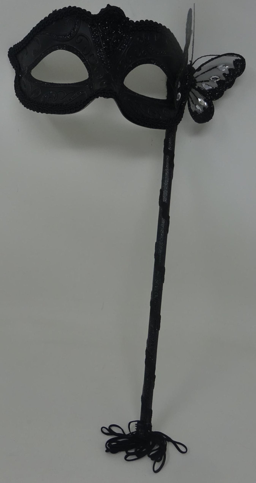 Black Venetian Masquerade Ball Party Carnival Mask with Black Butterfly Details on a Hand Held Stick