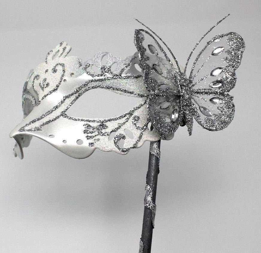 White and Silver Butterfly Mask on a Silver Stick