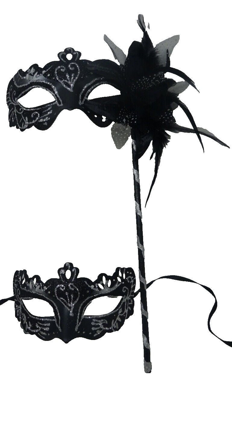 Couples Masks Black and Silver Rialto Masquerade Mask with Flower for Masked Ball Carnival Party Halloween Hand Held on a Wooden Stick