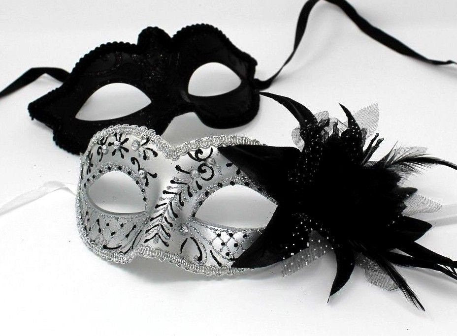 His and Hers Couples Masquerade Masks in Black and Silver Design with Flower