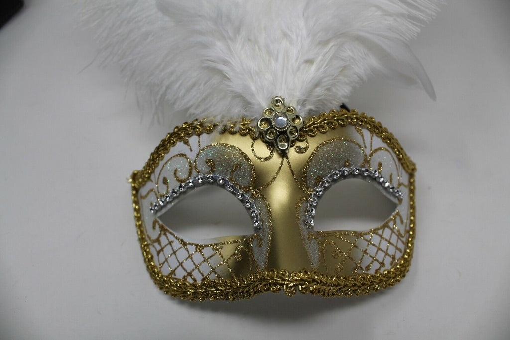 White and Gold Feather Masquerade Party Ball Carnival Mask