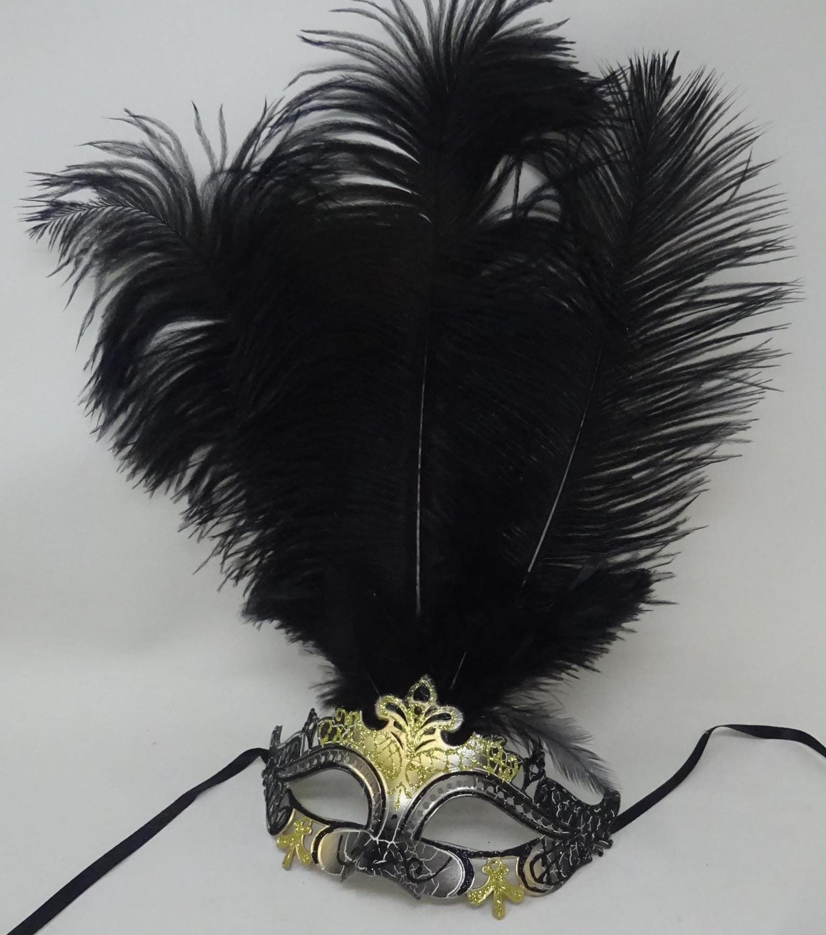 Black and Gold Rialto Venetian Masquerade Ball Carnival Party Prom Mask with Long Feathers