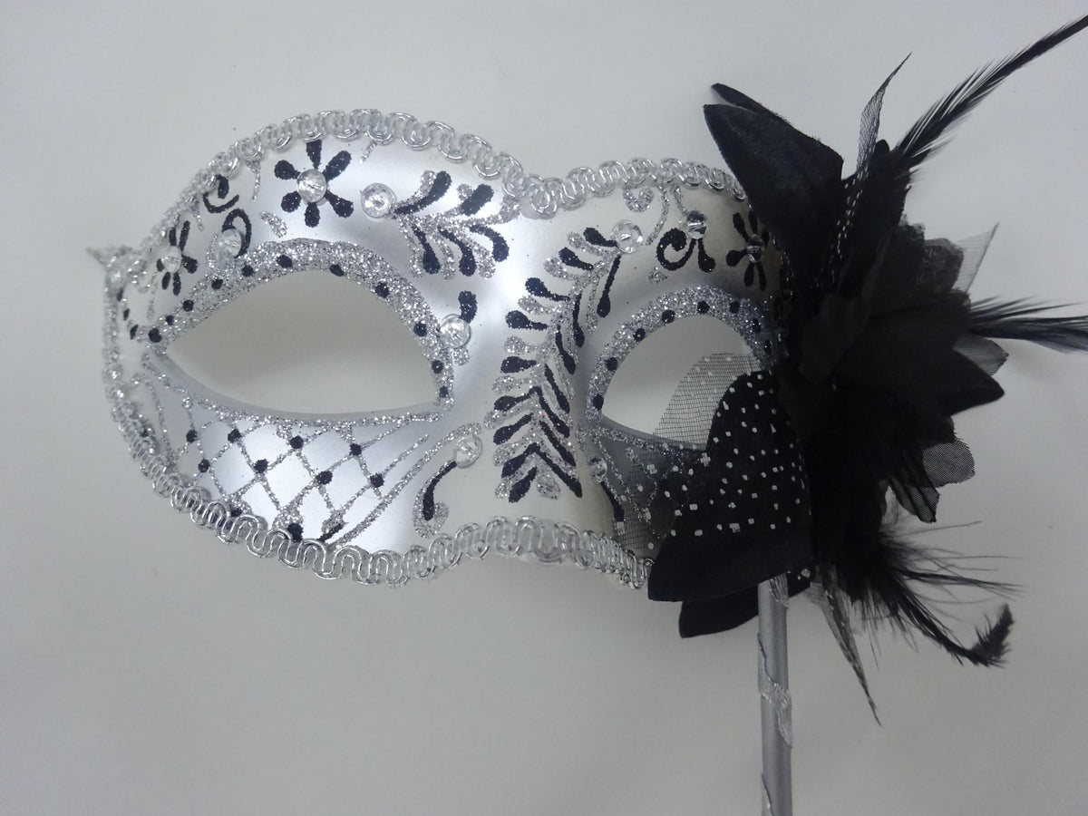 Stunning Black and Silver Feather Masquerade Mask with a Flower & Feathers on a Silver Stick