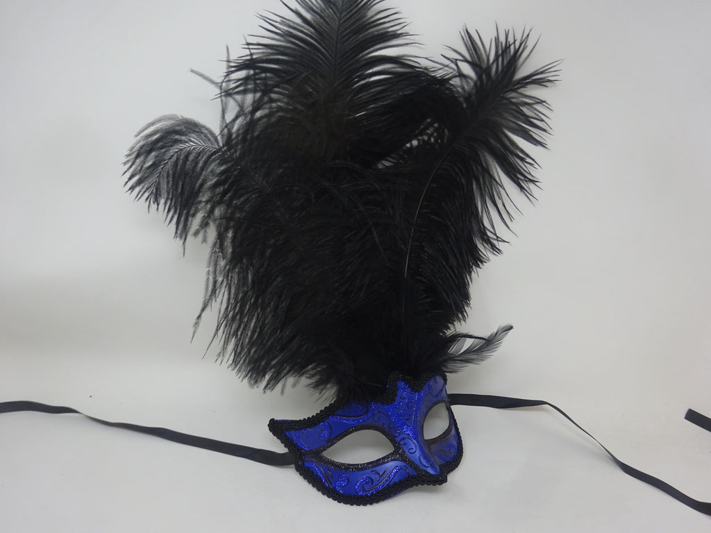Sparkling Blue and Black Venetian Masquerade Ball Party Eye Mask with Long Black Feathers