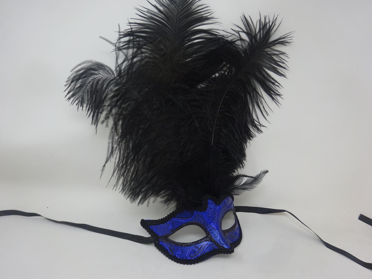 Sparkling Blue and Black Venetian Masquerade Ball Party Eye Mask with Long Black Feathers