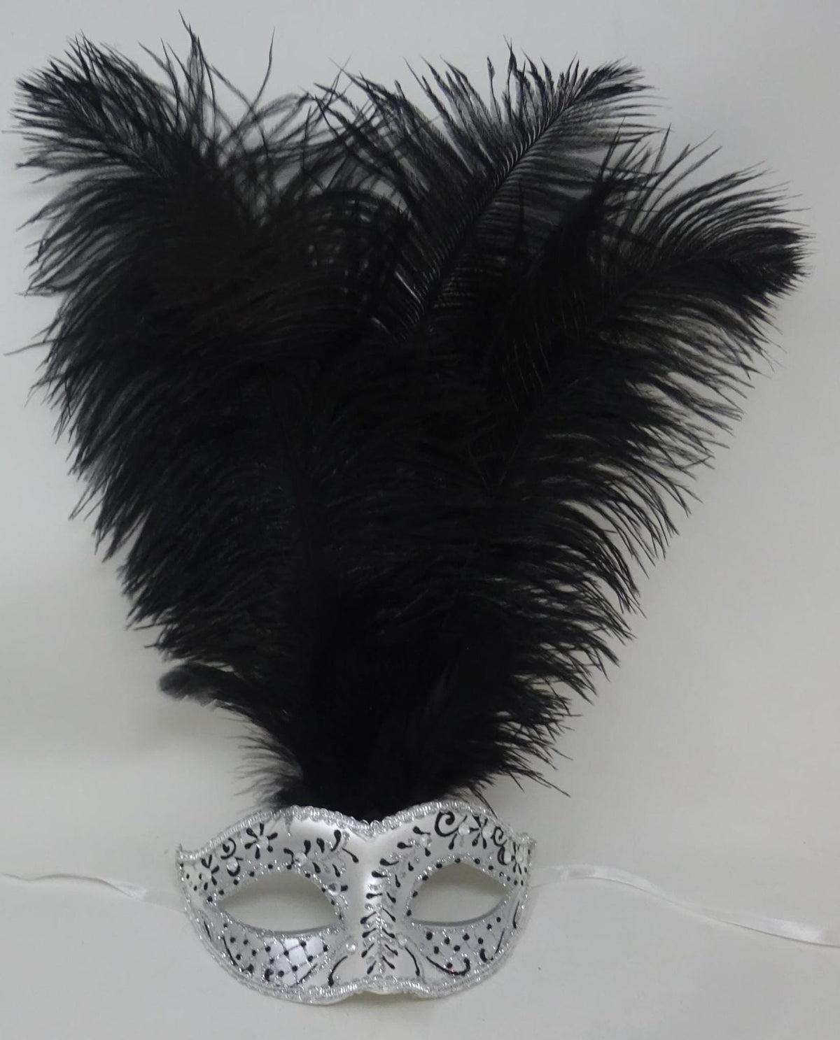 Stunning Black and Silver Long Black Feather Venetian Masquerade Prom Ball Eye Mask with Clear Diamontes