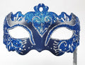 Blue and Silver Rialto Venetian Masquerade Ball Party Mask Hand Held on a Stick