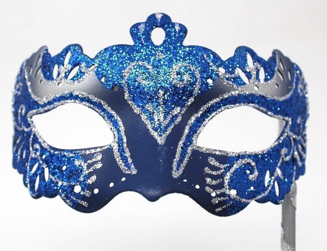 Blue and Silver Rialto Venetian Masquerade Ball Party Mask Hand Held on a Stick