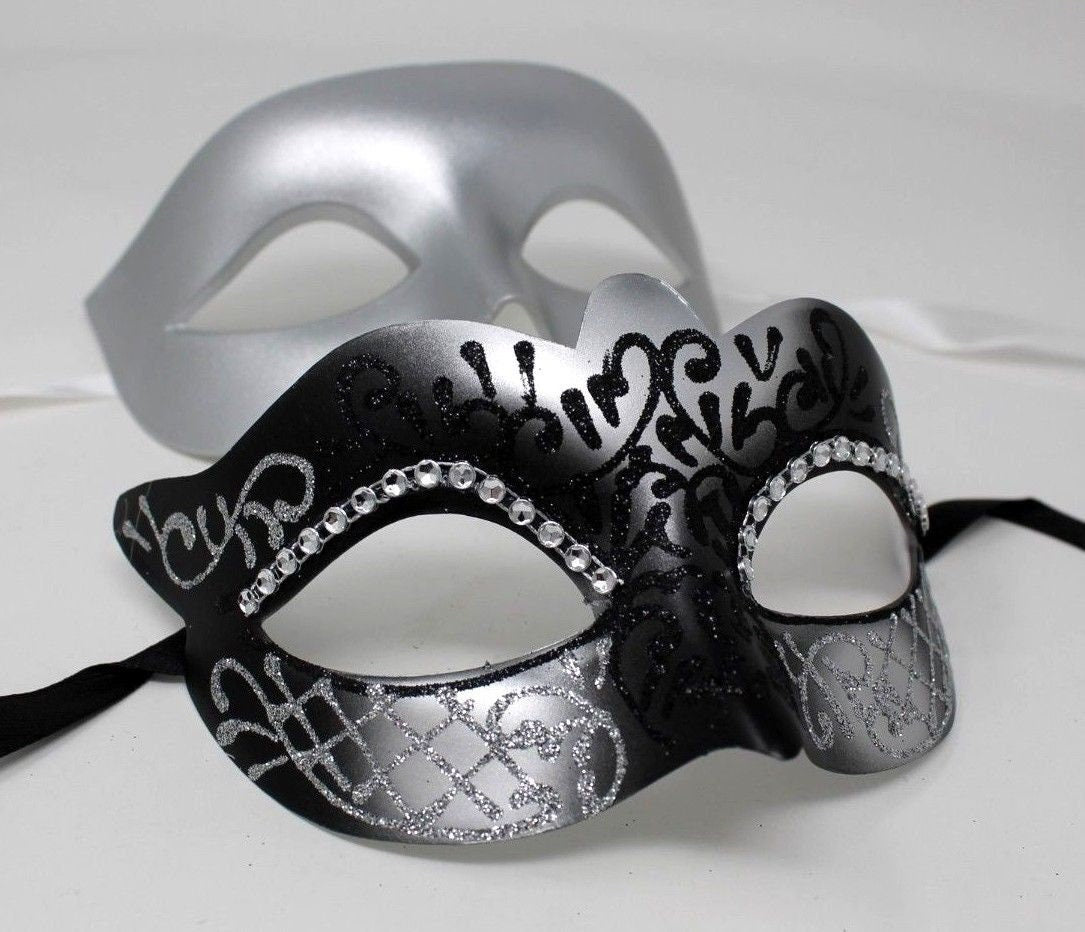 Black and Silver Diamonte Pair of Male and Female Couples Masquerade Masks
