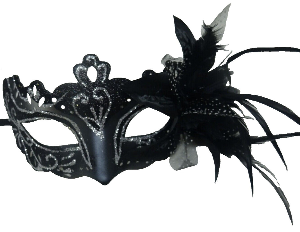 Black and Silver Rialto Masquerade Mask with Flower for Masked Ball Carnival Party Halloween