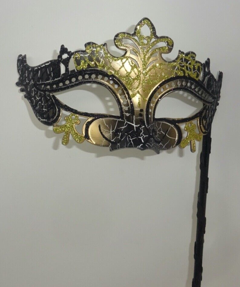 Black and Gold Rialto Masquerade Ball Party Carnival Eye Mask Hand Held on a Stick
