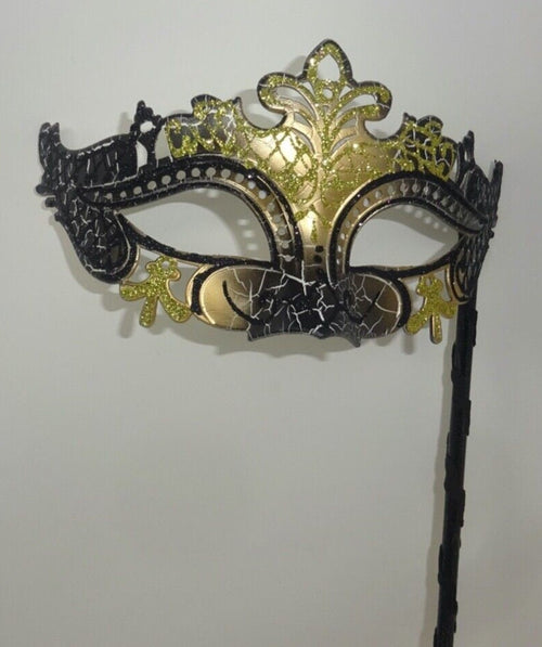 Black and Gold Rialto Masquerade Ball Party Carnival Eye Mask Hand Held on a Stick