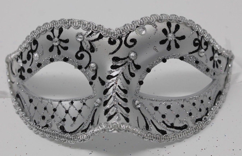 Black and Pearlised Silver Venetian Masquerade Party Ball Prom Eye Mask Adorned with Clear Jewels