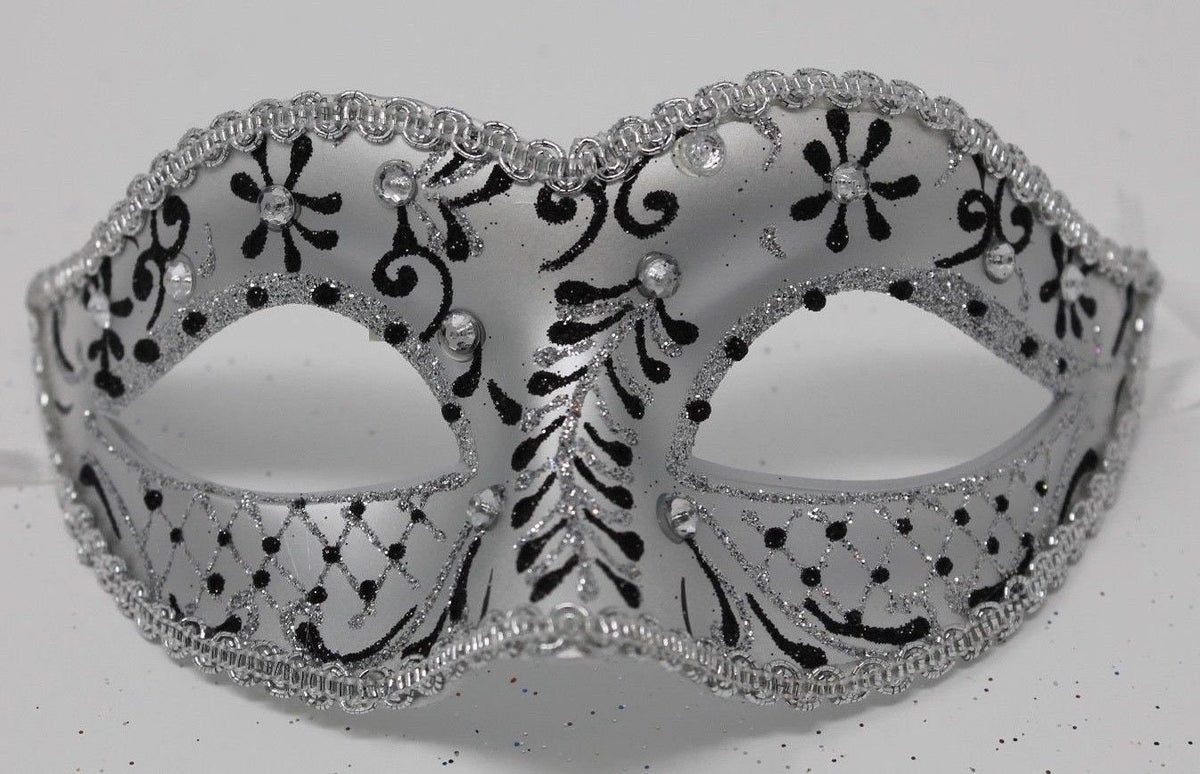 Black and Pearlised Silver Venetian Masquerade Party Ball Prom Eye Mask Adorned with Clear Jewels